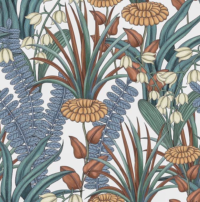 Boho Floral Peel and Stick Wallpaper, Vintage Botanical Contact Paper, Self Adhesive Wall Mural 17.5" x 393.7" Tropical Wall Paper Waterproof Removable for Bedroom Walls Cabinet (White, Orange, Blue)