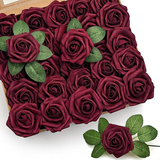 Mocoosy 50Pcs Burgundy Roses Artificial Flower, Burgundy Fake Roses for Decoration, Real Touch Foam Rose Bulk with Stem DIY Wedding Bouquet Centerpiece Floral Arrangement Bride Shower Party Home Decor