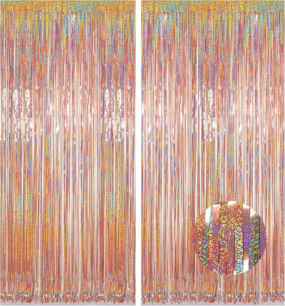 Foil Fringe Backdrop, Melsan 2 Pack 3.2 ft x 8.2 ft Tinsel Foil Fringe Curtains, Sparkle Fringe Curtains for Bachelorette Party Decorations Photo Background Decoration, Rose Gold