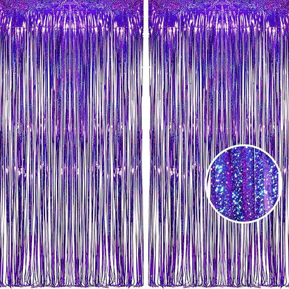 BRAVESHINE Purple Tinsel Foil Fringe Curtains - 2Pcs 3.2x8.2ft Metallic Streamers Backdrop for Christmas/Hunters/Girl/Women/Birthdays/Bridal Shower/Bachelorette/Anniversary/Engagement Party Decor