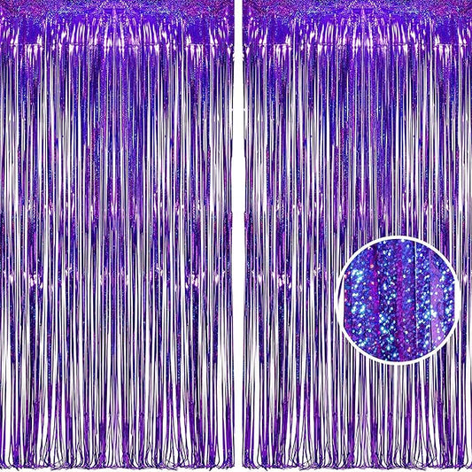 BRAVESHINE Purple Tinsel Foil Fringe Curtains - 2Pcs 3.2x8.2ft Metallic Streamers Backdrop for Christmas/Hunters/Girl/Women/Birthdays/Bridal Shower/Bachelorette/Anniversary/Engagement Party Decor