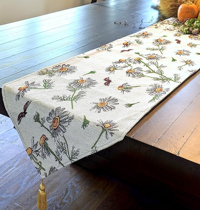 Tache Ivory Floral Table Runner Yellow Daisies Ladybugs Woven - Long Vintage Tapestry Kitchen Dining Dinner Linens Cloth - 13 x 90 inches