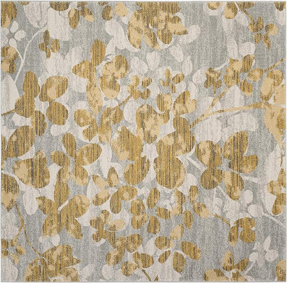 SAFAVIEH Evoke Collection Area Rug - 6'7" Square, Grey & Gold, Floral Design, Non-Shedding & Easy Care, Ideal for High Traffic Areas in Living Room, Bedroom (EVK236P)