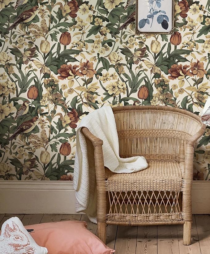 Erfoni 17.3" x197" Beige Retro Floral and Bird Contact Paper Vintage Peel and Stick Wallpaper for Bedroom DIY Self Adhesive Wall Paper Boho Floral Leaf Removable Wallpaper for Accent Wall Covering