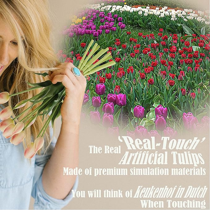 20pcs Artificial Tulip Flowers,16 Inch Real Touch Tulip Stems with Faux Leaves, Faux Tulips and Buds for Home Décor Centerpiece Ornament Wedding Bouquet,Champagne