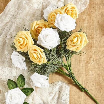 Artificial Flowers, 50pcs Yellow and White Artificial Rose for DIY Wedding Bouquets Centerpieces Arrangements, Fake Flower with Stems for Party Home Decorations