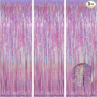 Melsan 3 Pack 3.2 x 8.2 ft Sparkling Pinkish Purple Tinsel Fringe Curtain Backdrop Party Decorations Glitter Decor for Birthdays, Bachelorette, Weddings, Photo Booth