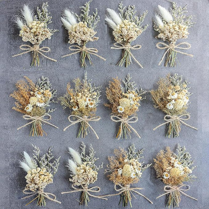 Miniature dried flower bouquet set (12 pcs), small bouquets, gift bags of dried flowers, bridesmaids flower girl proposal gift boxes, groomsmen boutonnieres, shooting props (Brown)