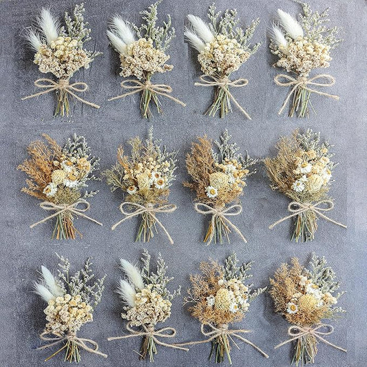 Miniature dried flower bouquet set (12 pcs), small bouquets, gift bags of dried flowers, bridesmaids flower girl proposal gift boxes, groomsmen boutonnieres, shooting props (Brown)
