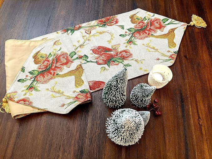 Tache Floral Red Roses Birds Ivory Woven Table Runner - Vintage Tapestry Kitchen Dining Dinner Linens Cloth - 13 x 54 inches