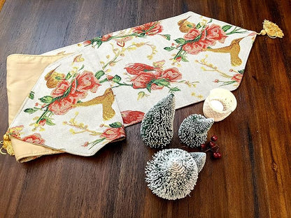 Tache Floral Red Roses Birds Ivory Woven Table Runner - Vintage Tapestry Kitchen Dining Dinner Linens Cloth - 13 x 54 inches