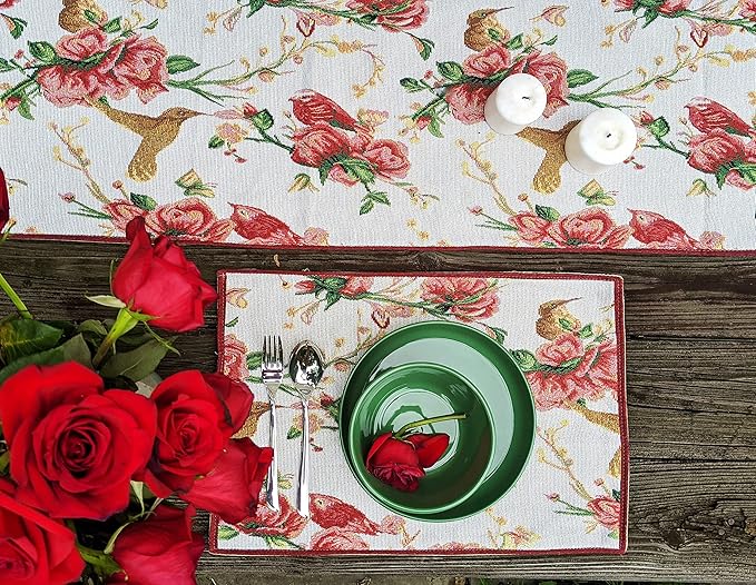 Tache Floral Red Roses Birds Ivory Woven Table Runner - Vintage Tapestry Kitchen Dining Dinner Linens Cloth - 13 x 90 inches