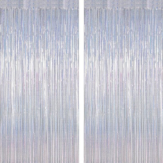 2 Pack New Year Party Decorations, 3.28 FT x 7.05 FT Glitter Silver Fringe Curtains, Metallic Party Streamer Tinsel Backdrop Foil Curtains, NYE Party Supplies Engagement Decor