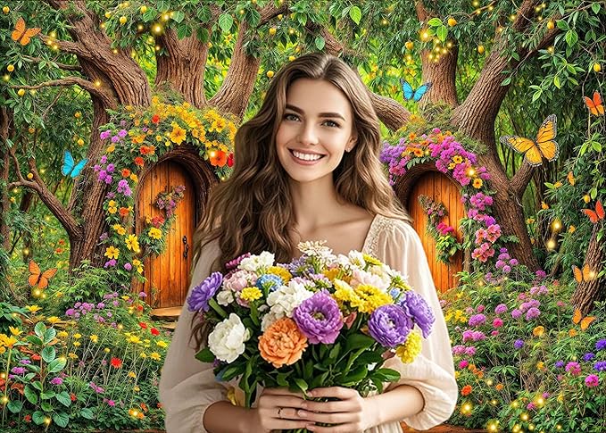 12X10ft Enchanted Forest Backdrop Fairy Tale Green Garden Wonderland Tree House Floral Butterfly Background for Kids Girl Baby Shower Birthday Party Decoration Banner Cake Table Photo Booth Props