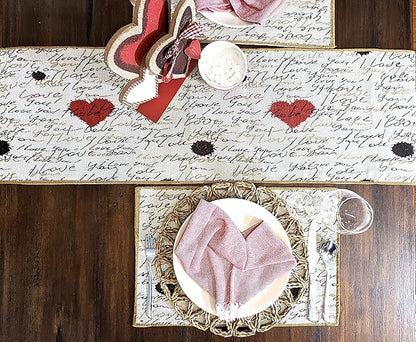 Tache Romantic Cursive Handwritten Love Letter Valentine Hearts Beige Table Runner - Vintage Farmhouse Woven Tapestry Kitchen Dining Dinner Linen Napery Cloth - 13 x 72 inches