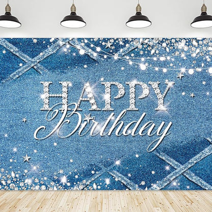 Riyidecor Denim Diamonds Birthday Backdrop for Women Navy Blue Silver Modern Luxury Crystal Sparkle Shining 7Wx5H Feet Girls Photography Background Happy Birthday Photo Studio Shoot Polyester Fabric
