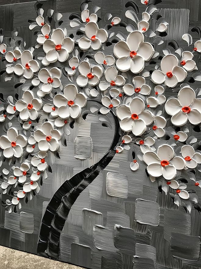 YaSheng Art- 3D White Flowers Oil Paintings on Canvas Thick Texture Black and White Canvas Wall Art HandPainted Abstract Artwork Home Decorations Modern bedroom Dining Room Wall Art Ready to Hang 24x24inch