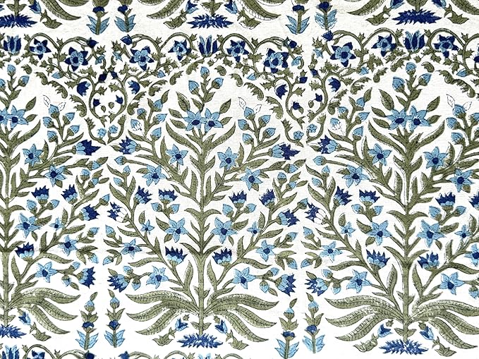ATOSII Nargis Blue 100% Cotton Rectangle Summer Tablecloth, Indian Block Print Floral Table Cloth I Dining Parties Weddings Outdoors Holidays 60 X 108 Inches 8 Seater I Grandmillennial Farmhouse Boho