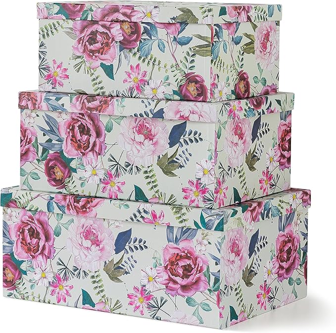 Soul & Lane Decorative Cardboard Storage Boxes with Lids for Home Decor and Organization, Set of 3 Large Keepsake Boxes for Memories & Gifts, Nesting Floral Photo Storage Containers, Floral Luxe