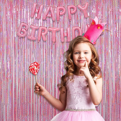 Melsan Pink Tinsel Curtains Backdrop, 3.2 ft x 8.2 ft Sparkle Metallic Foil Curtains for Princess Birthday Party Photo Background Decoration, 2 Pack