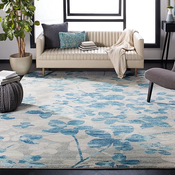 SAFAVIEH Evoke Collection 8' x 10' Grey/Light Blue EVK236J Floral Non-Shedding Living Room Bedroom Dining Home Office Area Rug