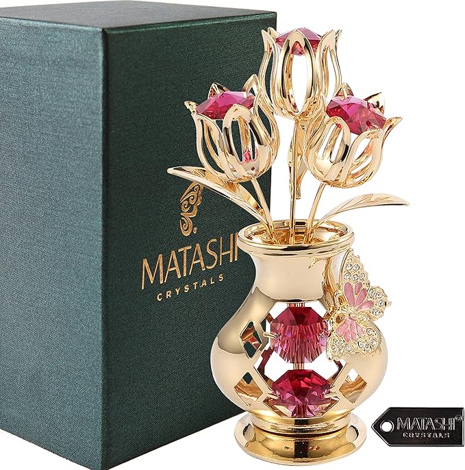 Beautifully Crafted Tulips in A Vase Table Top Ornament Dipped in 24k Gold Plating Made with Genuine Matashi Crystals (Butterfly, Red Crystal)