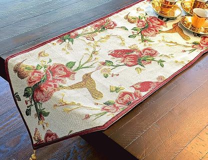 Tache Floral Red Roses Birds Ivory Woven Table Runner - Vintage Tapestry Kitchen Dining Dinner Linens Cloth - 13 x 54 inches