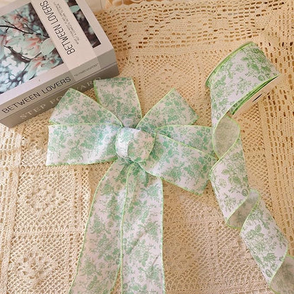 Green Floral Wired Ribbon 2.5 Inch Chinoiserie Vintage Flower Decorative Fabric White and Green Ribbon for Bow Wreath DIY Crafts, 15 Yards