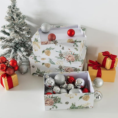 Soul & Lane Christmas Gift Box - Evergreen Ensemble - Set of 3: Holiday Themed Nesting Storage Boxes, Keepsake and Photo Boxes with Lids, Festive Decorative Cardboard Containers for Presents