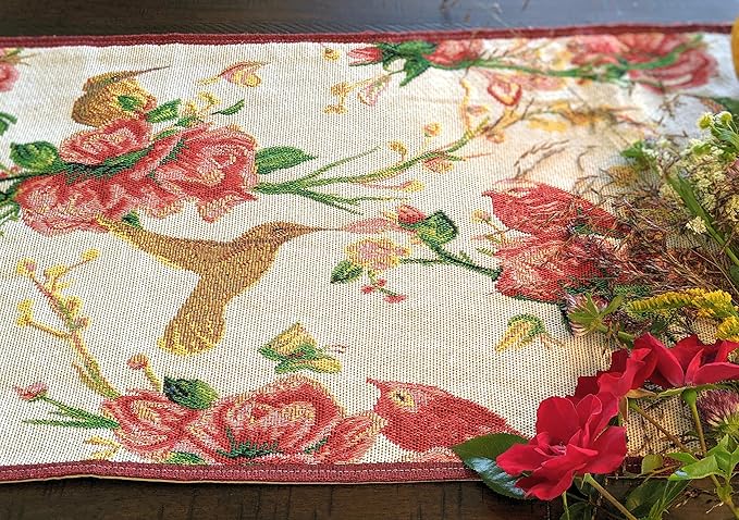 Tache Floral Red Roses Birds Ivory Woven Table Runner - Vintage Tapestry Kitchen Dining Dinner Linens Cloth - 13 x 90 inches