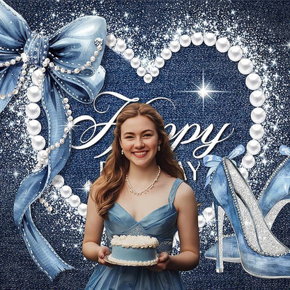Denim and Diamonds Bow Backdrop 8Wx6H Photography Blue Coquette Silver High Heels Happy Birthday Banner for Women Girls Background Pearl Party Decorations Banner Photo Booth Props Supplies