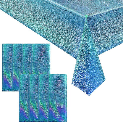 8pcs Blue Holographic Laser Tablecloths 40" x 108" Plastic Table Cloths for Parties Shimmer Shiny Party Decoration for Winter Ocean Princess Birthday Party Wedding Baby Shower Christmas Decor