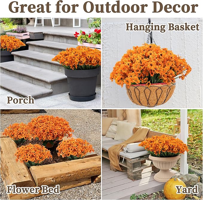 24 Bundles Artificial Mums for Outdoors/Indoors Faux Mums for Outdoor Planters, Fall Flowers Artificial for Decoration Garden Porch Window Box Home Wedding Farmhouse