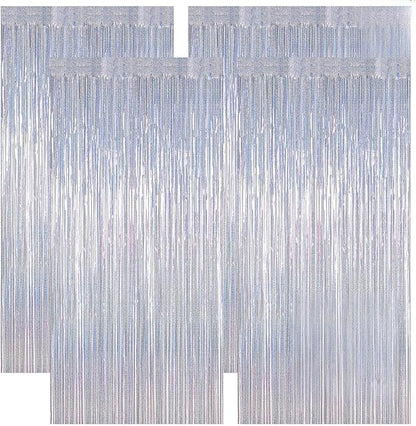 4 Pack New Year Party Fringe Backdrop, 3.28 FT x 7.05 FT Glitter Silver Tinsel Curtains, Metallic Foil Streamer Disco Fringe Backdrop Party Curtains, Birthday Party Supplies Disco Decorations