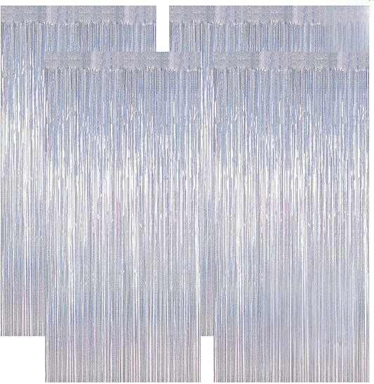 4 Pack New Year Party Fringe Backdrop, 3.28 FT x 7.05 FT Glitter Silver Tinsel Curtains, Metallic Foil Streamer Disco Fringe Backdrop Party Curtains, Birthday Party Supplies Disco Decorations